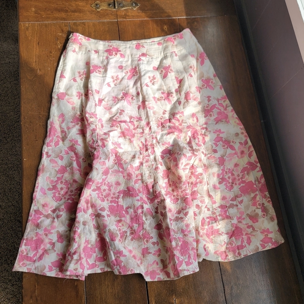 JM Collection 100% Linen Watercolor Floral Fit Flare Skirt sz 8 Pink Cream